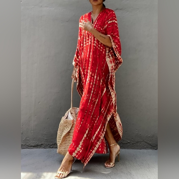 Olive Green Tie Dye Hippie Boho Kaftan Long Flowy 70s Maxi Dress Bohemian Caftan - Picture 9 of 9